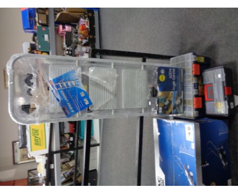 A set of folding four rung steps (new) together with a Nutoll 600W angle grinder (new), and two tool boxes containing hand to