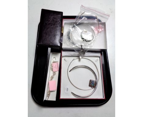 A tray containing silver jewellery to include bracelets, necklaces, bangle etc, together with a leather jewellery box.  