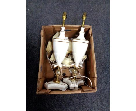 A box containing a pair of brass and ceramic table lamps together with five further alabaster table lamps.  