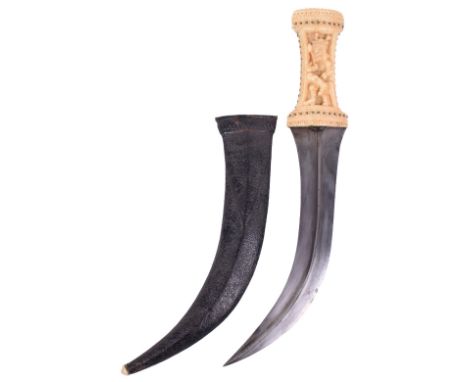 ^ Unusual  19th Century Persian Dagger Jambya, curved double edge blade with raised central rib, walrus ivory hilt carved in 