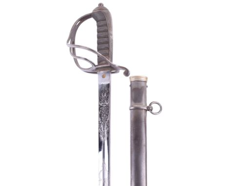 Fine Victorian 1821 Pattern Artillery Officers Sword, blade mirror etched and polished with crowned VR, royal arms, cannon, t