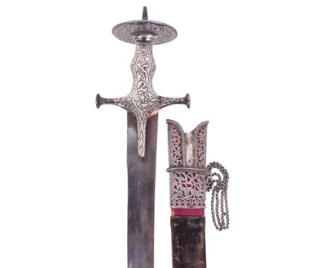 19th Century Indian Sword Tulwar, broad curved single edge blade, iron hilt of conventional form covered with silver koftgari