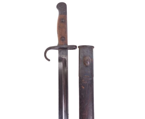 British 1907 “Hook Quillon” Bayonet, two piece wooden grips, top pommel stamped “E S” and “150”. Housed in its original first