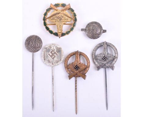 Selection of Third Reich Stick Pins, consisting of Reichskriegerbund shooting award pin in bronze, similar in silver, larger 