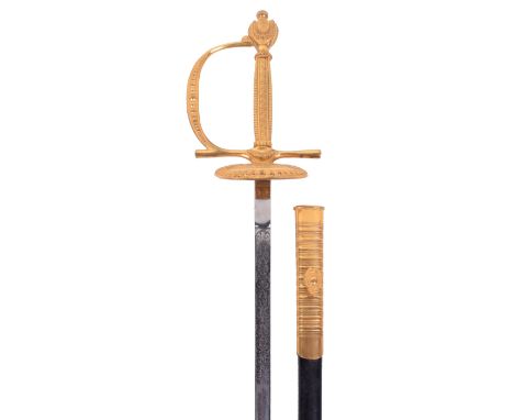 Fine Diplomats Gilt Court Sword, blade frost etched and mirror polished with 2 trophies of arms and with extensive foliage.  