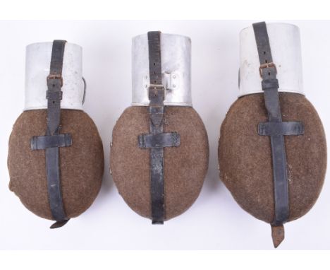 3x WW2 German Army / Waffen-SS Water Bottles, all complete with the fur covering, aluminium cups and leather securing straps.