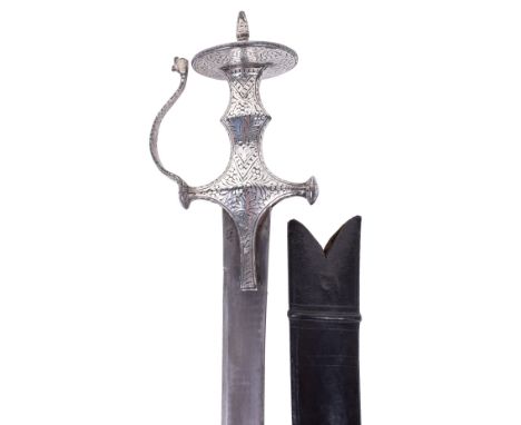 19th Century Indian Sword Tulwar from Rajasthan, broad curved single edge blade pattern welded with a fine ladder pattern, st