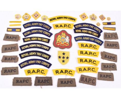 Grouping of Cloth Insignia of the Royal Army Pay Corps, consisting of various rank insignia, shoulder titles, southern comman