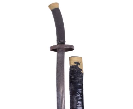 Chinese Boxer Rebellion Period ‘Ox Tail’ Sword, slightly curved single edge blade swollen towards the tip, cut with 3 narrow 