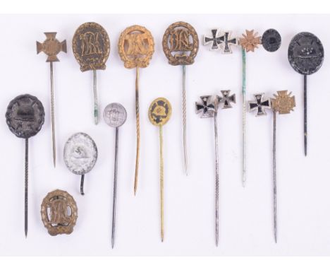 Grouping of Imperial German & Third Reich Miniature Award Stick Pins, including various grades of wound badge, DRL sports bad