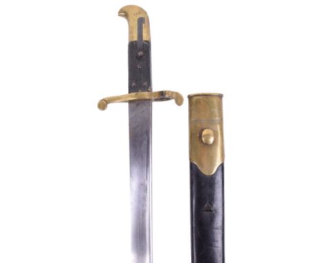 British 1855 Pattern Lancaster Sword Bayonet, black chequered two piece grip with brass cross guard and muzzle ring. The top 