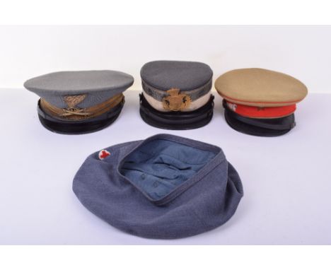 WW2 Japanese Infantry Peaked Cap, khaki top with red central band having gilt brass Imperial Japanese star to the centre. Lea