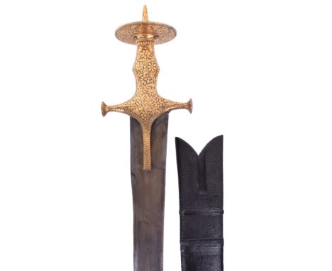 19th Century Indian Sword Tulwar from Rajasthan, broad curved single edge wootz blade cut with a narrow central fuller, and w