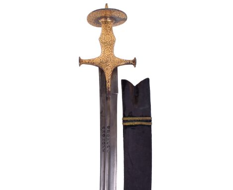 19th Century Indian Sword Tulwar from Rajasthan, curved single edge wootz blade cut with twin narrow fullers each deeply stru