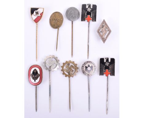 10x Third Reich Stick Pins / Pin Badges, consisting of 2x enamel Deutsche Rotes Kreuz (German Red Cross), German Veterans ste