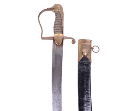 Unusual Cavalry Officers Sword, early 19th century, broad curved single edge blade, brass stirrup hilt and lion’s head pommel