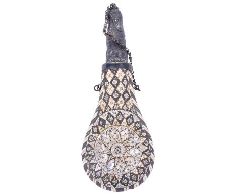 Rare 19th Century Indian Powder Flask from Etwa, the body of European form entirely covered with a mosaic of engraved ivory a