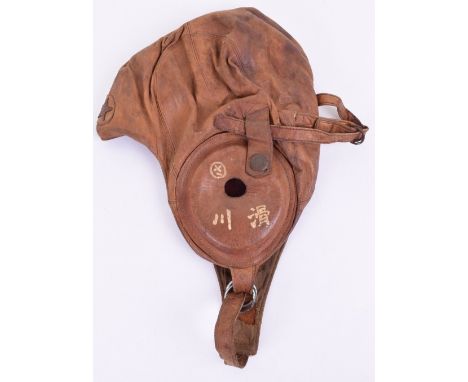 WW2 Japanese Leather Flying Helmet, light brown leather helmet with stitched leather star to the centre of the helmet. Painte