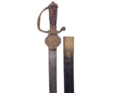 Good Quality Mid-18th Century Continental Hunting Hanger, slightly curved single edge blade nicely gilt etched with trophies 