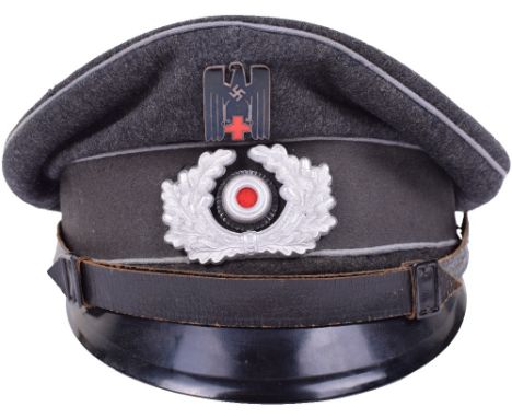 WW2 German Red Cross (D.R.K) Peaked Cap, grey wool cap with light grey piping to the crown and bordering the light grey centr