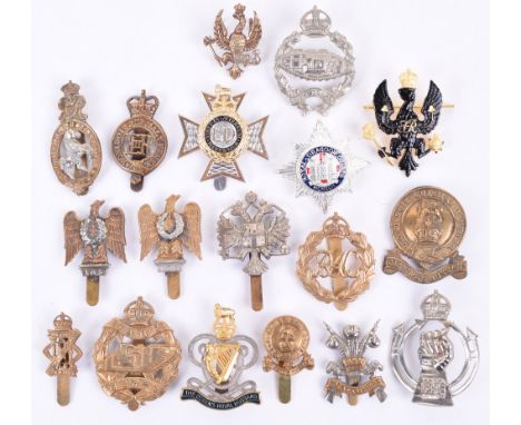 18x British Cavalry Regiments Cap Badges, including all brass 14th Kings Hussars with slider fitting, bi-metal 3rd Carabineer