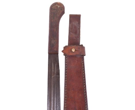 WW2 1944 Chindits Machete, the wooden handle stamped to the reverse “A J DAVIDSON 1944” with broad arrow stamp. Housed in lea