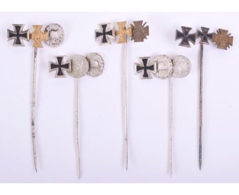 5x Imperial German Award Stick Pins, all being three piece awards, all have Iron Cross. One set enamelled. All remain in good