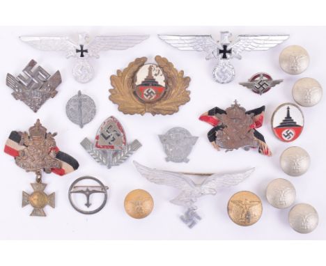 Grouping of Third Reich Metal Insignia & Membership Badges, consisting of Luftwaffe Officers summer tunic eagle with pin fitt