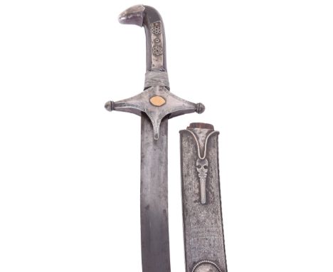 Large and Heavy 19th Century Silver Mounted Arabic Sword Shamshir, earlier curved single edge blade 80cms.  Crosspiece with a