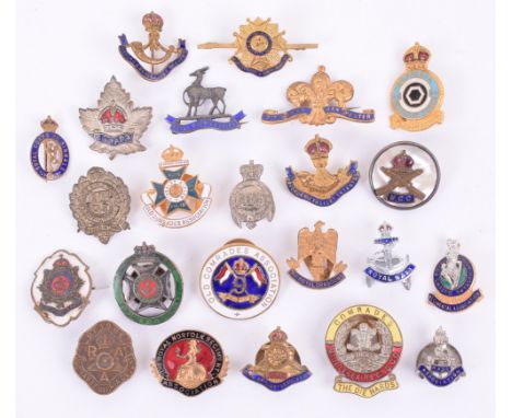 British Regimental Sweetheart Brooches and Old Comrades Association Lapel Badges, mostly gilt and enamel, including 9th Lance