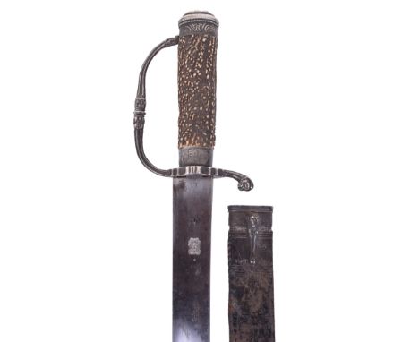 Good 17th English Silver Mounted Hunting Hanger c.1670, curved single edge blade with false edge deeply stuck on each side wi