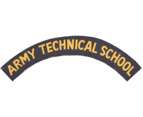 Scarce Army Technical School Printed Shoulder Title, yellow lettering on navy blue / black backing. Uniform removed example. 