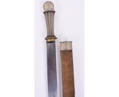 Good 19th Century Tibetan Sword, broad heavy single edge blade forged with longitudinal stripes, nickel hilt with woven wire-