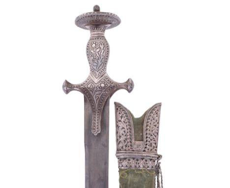 19th Century Indian Sword Tulwar, broad curved polished wootz single edge blade, iron hilt of conventional form covered with 