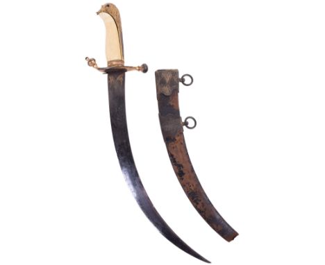 ^ Georgian Naval Officers Dirk, curved single edge blade with false edge retaining traces of etched and gilt foliage, gilt co