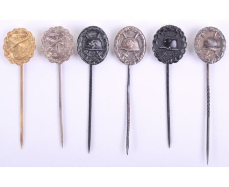 Imperial German & Third Reich Wound Badge Stick Pins, including Imperial black grade, silver grade, silver naval type, gold n