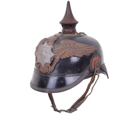 Imperial German Prussian Garde M15 Pickelhaube, leather shell with grey mount fittings. Large Prussian garde pattern helmet p