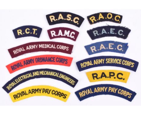 Selection of Cloth Shoulder Titles, consisting of embroidered white on maroon full length ROYAL ARMY MEDICAL CORPS, full leng