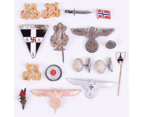Grouping of Third Reich Metal Insignia & Membership Badges, including gilt metal Naval shoulder board crossed anchors, Kriegs