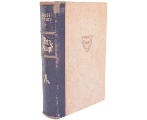 Adolf Hitler Mein Kampf Wedding Edition, blue leather bound spine with gilt tooled lettering. Original printed dedication bad