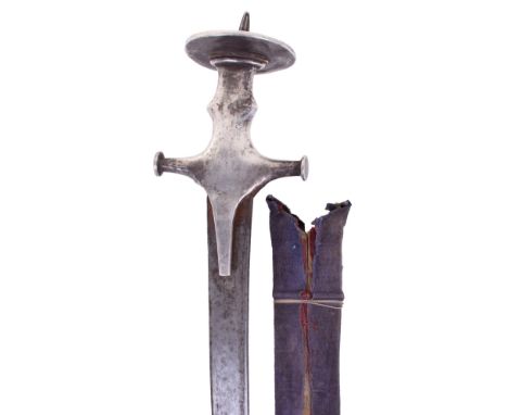 Unusual 19th Century Indian Sword Tulwar, curved single edge blade with thickened bacvk edge, silver hilt of conventional for