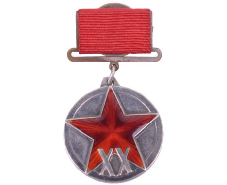 Soviet Russian 20 Years Jubilee Medal of the Workers & Peasants of the Red Army 1938-43 Type, in silver and enamels with shor