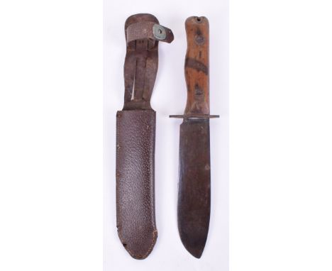 British Army Type “D” Survival Knife, two piece wooden grips, bolo style blade with Wilkinson Sword Ltd makers stamp and stor