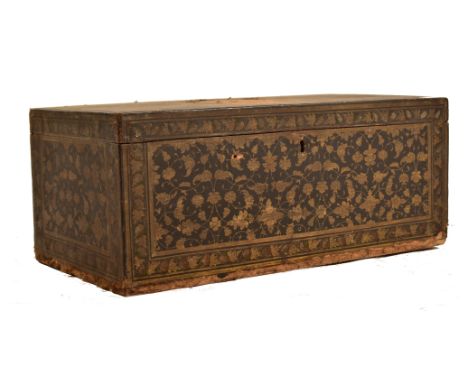 A 19th century ladies travelling chest - box. The rectangular box being decorated with black and gilt worked chinoiserie pape