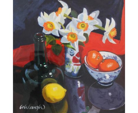 FRANK COLCLOUGH SPRING FLOWERS &amp; FRUIT oil on board still life, signed, framed under glass, 29 x 29cm