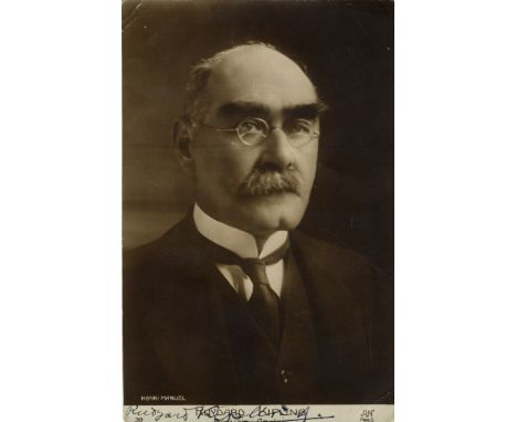 KIPLING RUDYARD: (1865-1936) English Author, Nobel Prize winner for Literature, 1907. Vintage signed postcard photograph of K