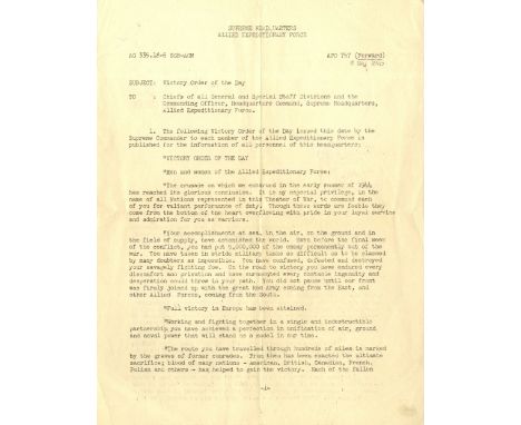 WORLD WAR II: An excellent, historic document, two pages, 4to, n.p., 8th May 1945. The original mimeograph document, signed i