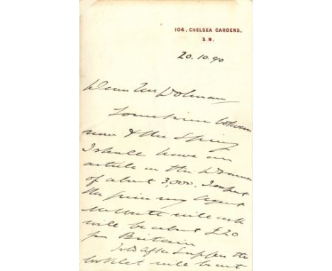 JEROME JEROME K.: (1859-1927) English Writer &amp; Humorist. A.L.S., Jerome K Jerome, two pages, 8vo, Chelsea Gardens, 20th O