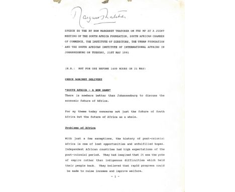 THATCHER MARGARET (1925-2013) British Prime Minister 1979-90. An original printed copy of a speech entitled South Africa - A 