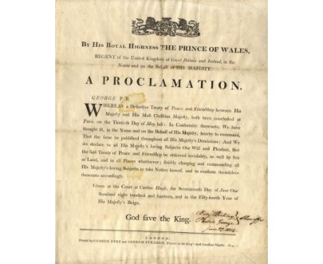 [GEORGE III]: (1738-1820) King of the United Kingdom 1760-1820. A good, large printed broadside, one page, folio, London, 181